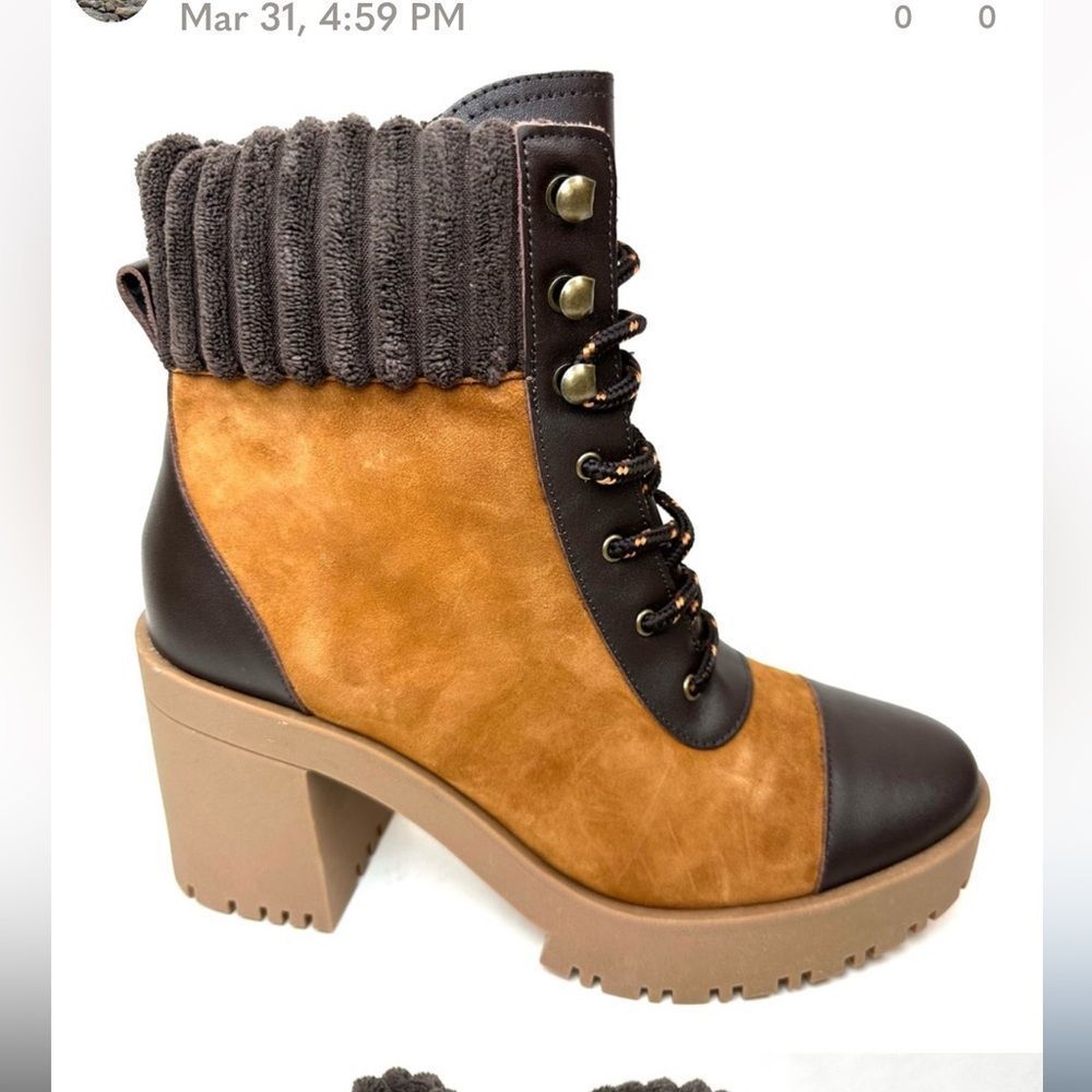 Chelsea and Violet Zaire Leather Suede Platform Boots Lug Sole Brown Black 8.5 M - Picture 2 of 12
